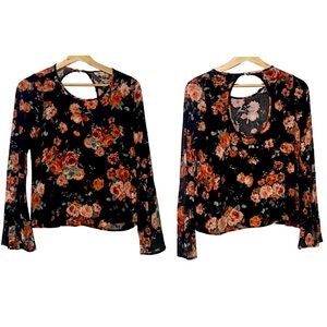 One Clothing Long-Sleeve Open-Back Black/Orange Floral Pattern Blouse